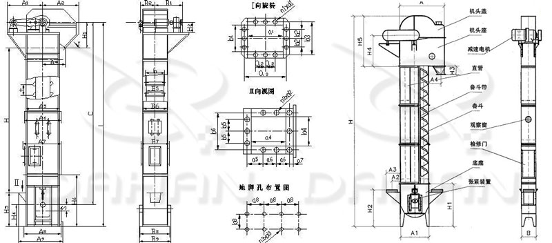 TD/D型斗式提升機(jī)基本結(jié)構(gòu):機(jī)頭蓋，機(jī)頭座，減速電機(jī)，直管，底座，緊張裝置等。